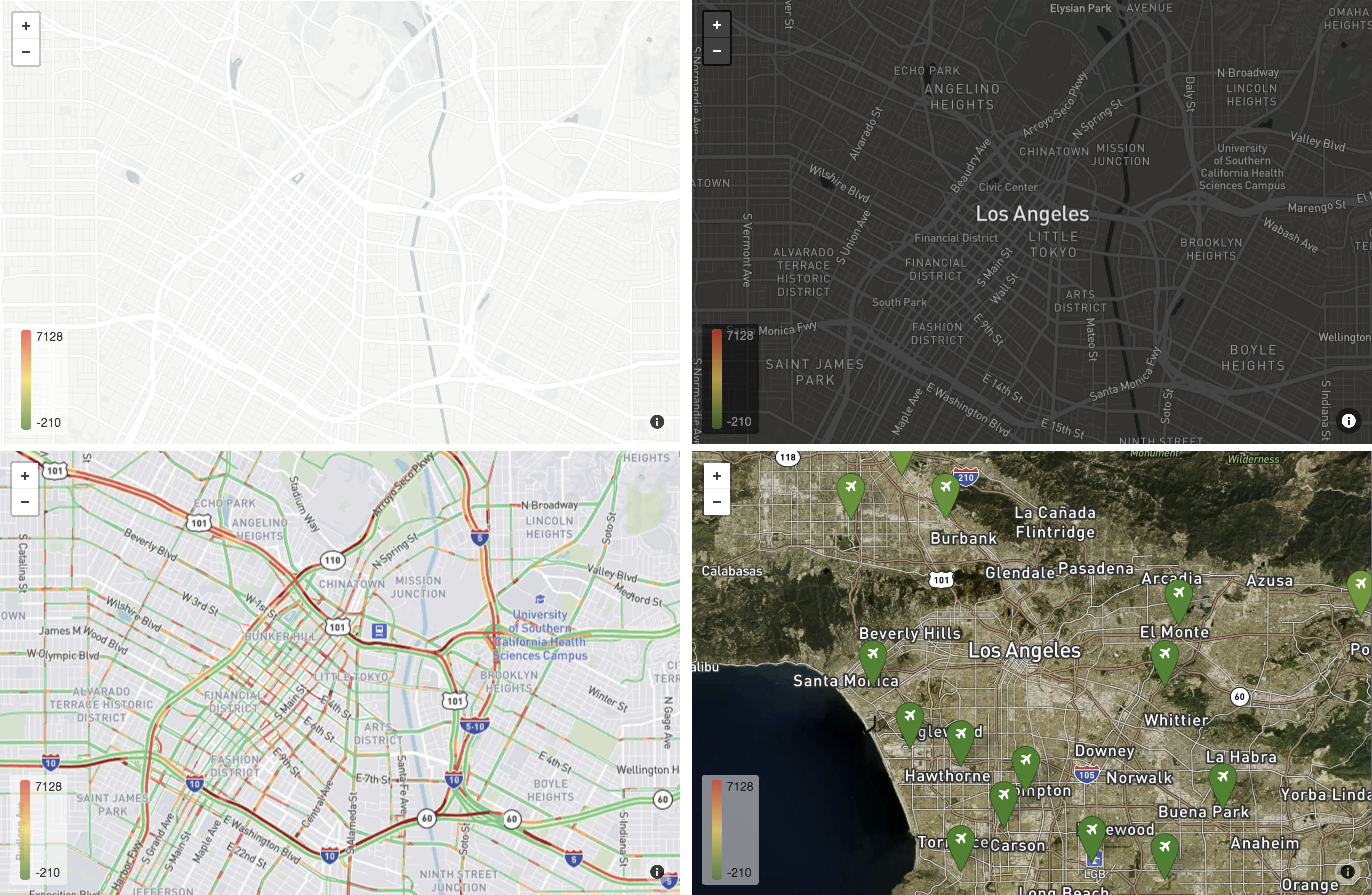 Capturas de pantalla de ejemplo de los diseños de mapas Claro, Oscuro, Satelital y Tráfico.