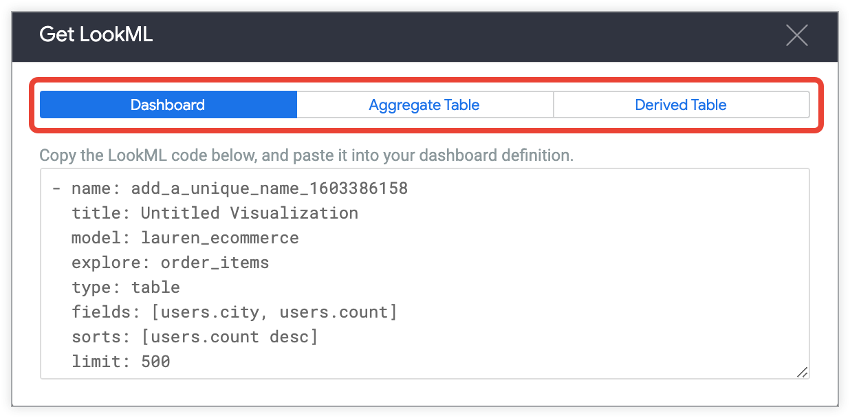 Get LookML pop-up with LookML options for dashboards, Aggregate Tables, and Derived Tables.