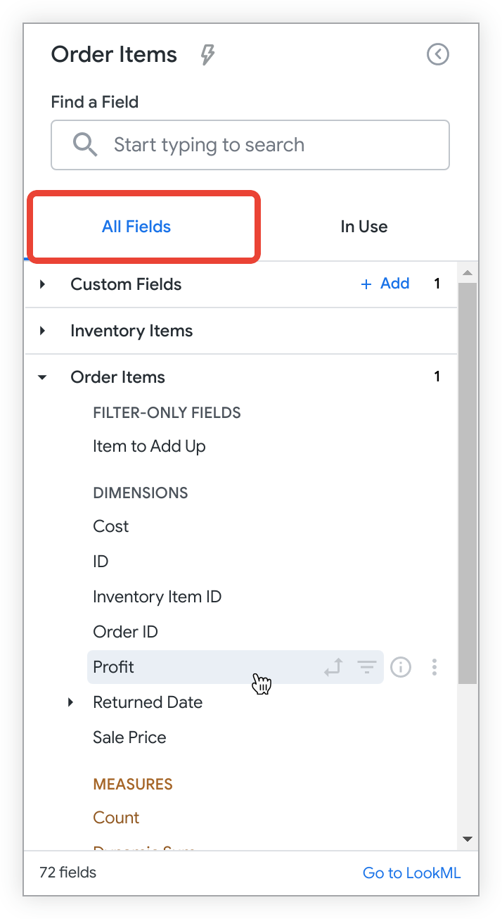 An All Fields tab with a cursor hovering over the Profit dimension.