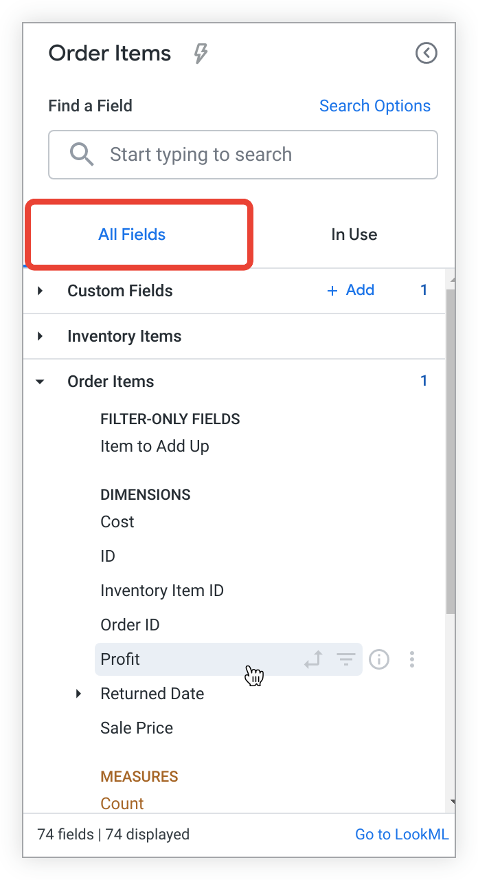 「All Fields」分頁，滑鼠游標懸停在「Profit」維度上。
