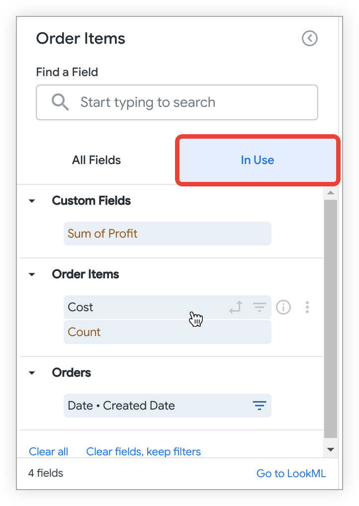 In Use tab displaying the custom field Sum of Profit, Order Items Cost, Order Items Count, and Orders Created Date selected.