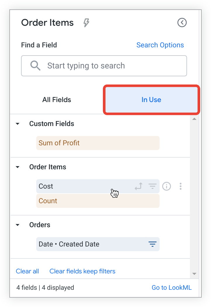 Na guia Uso mostrando o campo personalizado Soma do lucro, Custo dos itens do pedido, Contagem de itens do pedido e Data de criação dos pedidos selecionados.