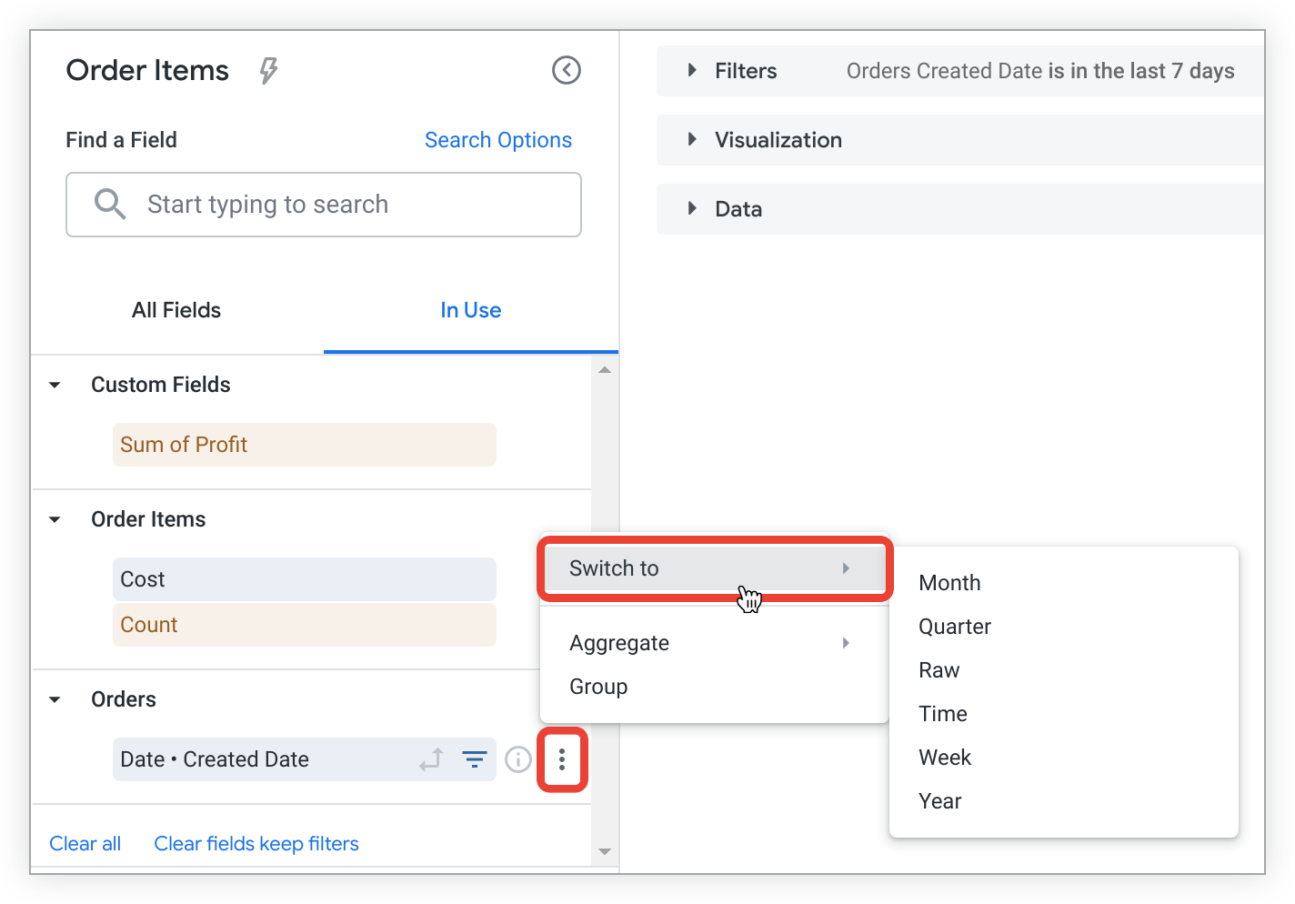 Switch to menu for Orders Created Date displaying Month, Quarter, Week, Time, and Year timeframe options.