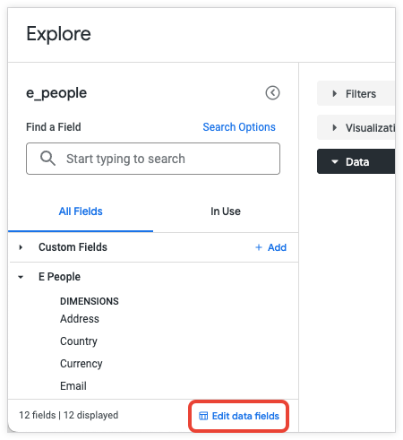 The Edit data fields link on the Explore page.