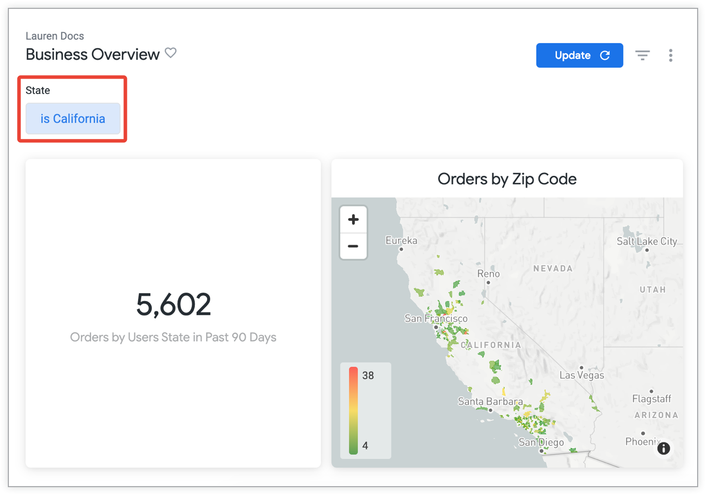 Dasbor Ringkasan Bisnis difilter menurut negara bagian California.