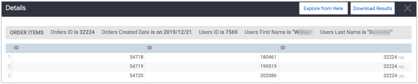 Data table displaying product ID information about each of the three order items in W. D.'s order from December 21, 2019.