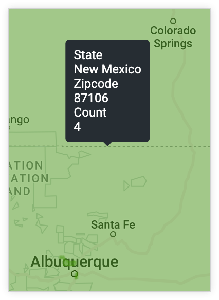 工具提示會顯示「State」的值為「New Mexico」、「Zipcode」的值為「97106」，以及「Count」的值為「4」。