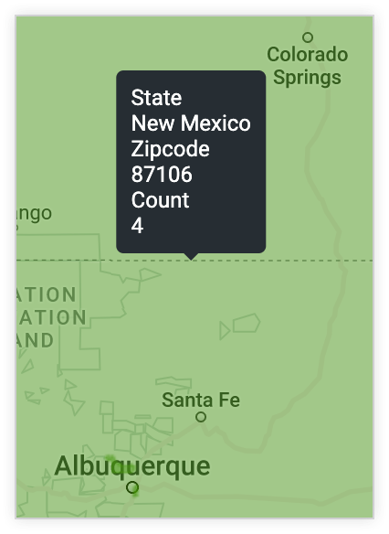 The tooltip displays the values New Mexico for State, 97106 for Zipcode, and 4 for Count.