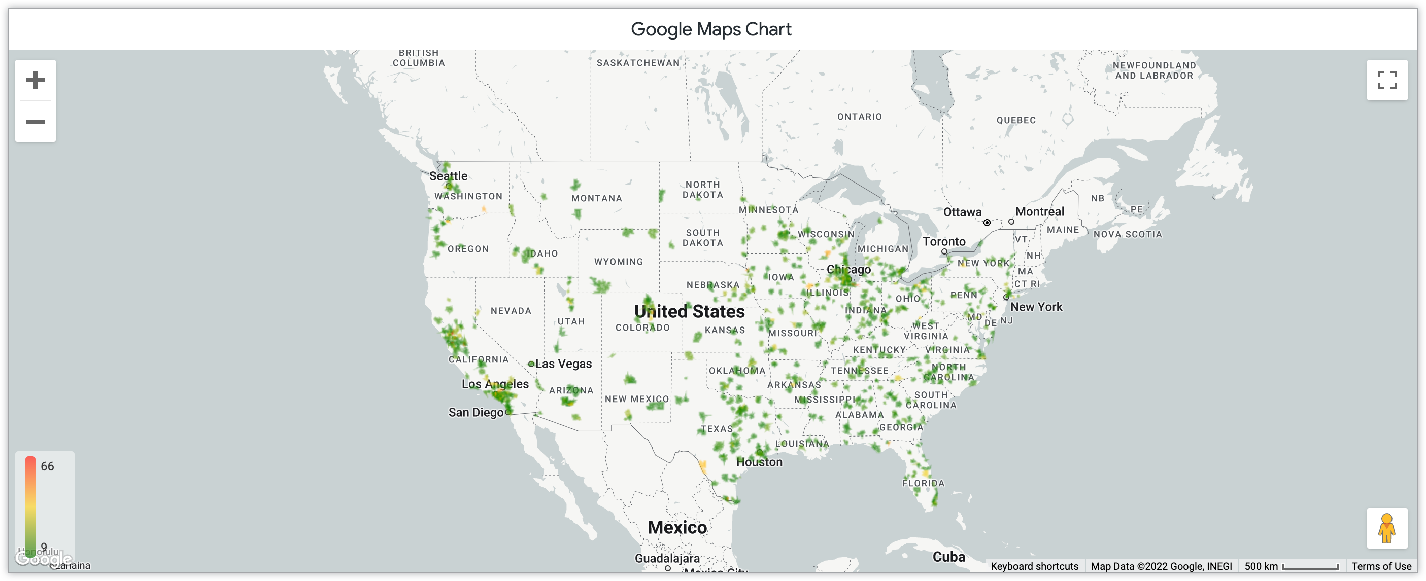 Diagram peta panas Google Maps yang menunjukkan jumlah produk yang terjual per bulan di kode pos di Amerika Serikat.