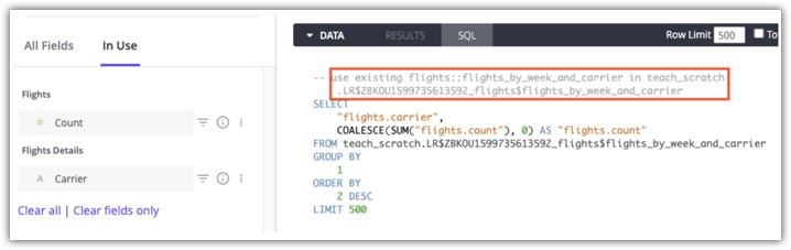 기본 SQL과 사용 중인 집계 테이블의 스크래치 스키마를 지정하는 주석을 표시하는 Explore의 SQL 탭입니다.