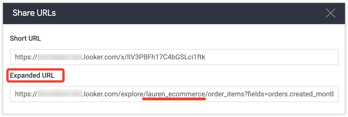 URL développée avec /explore/lauren_ecommerce/order_items?fields=orders.created_month,orders.count après le nom de l&#39;instance.