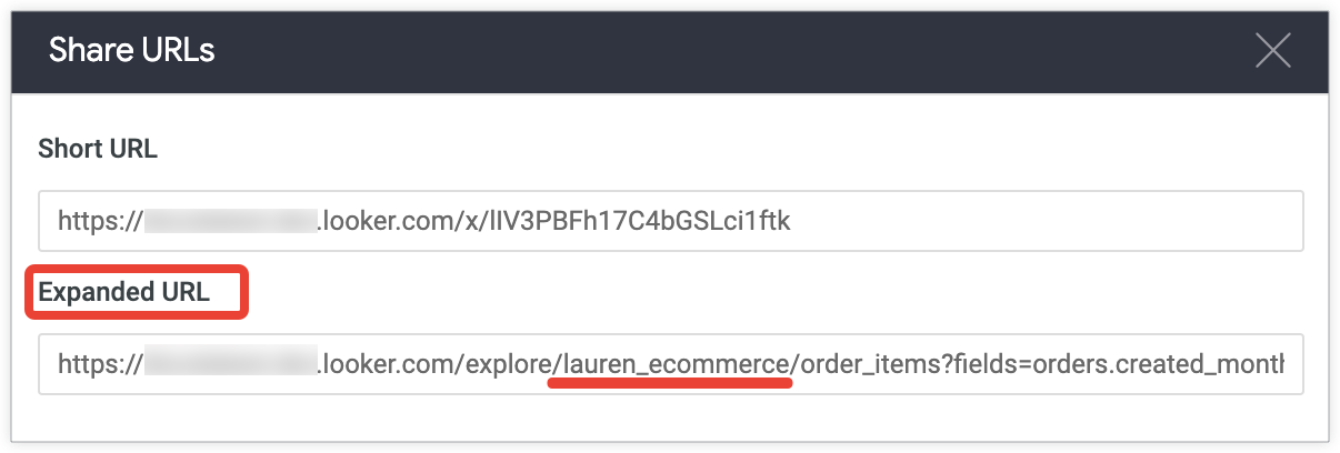 インスタンス名の後に /explore/lauren_ecommerce/order_items?fields=orders.created_month,orders.count が含まれる拡張 URL。