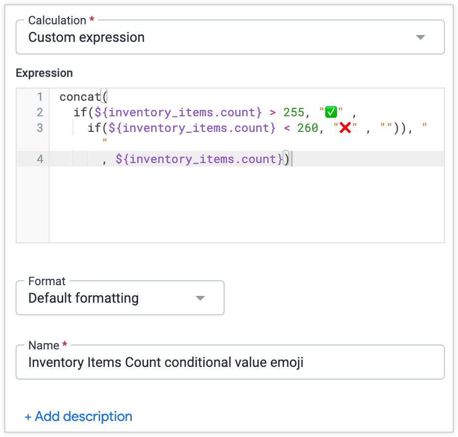 Menú Crear cálculo de tablas con un cálculo basado en tablas que especifique que un emoji de marca de verificación verde cuando los valores de Inventory Items Count son superiores a 255 y un emoji con una X roja aparece cuando los valores de Inventory Items Count son inferiores a 260.