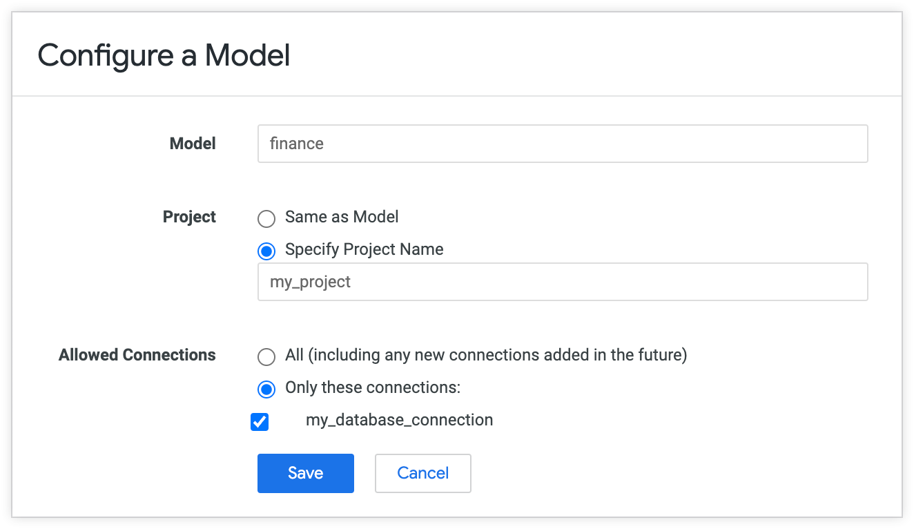 La página Configurar un modelo te permite verificar el nombre del modelo, el proyecto y las conexiones permitidas para este.