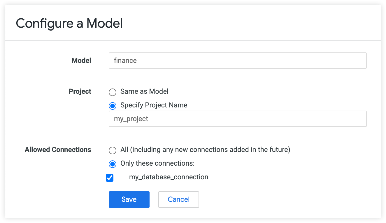 Halaman Konfigurasi Model memungkinkan Anda memeriksa nama model, project, dan koneksi yang diizinkan untuk model tersebut.