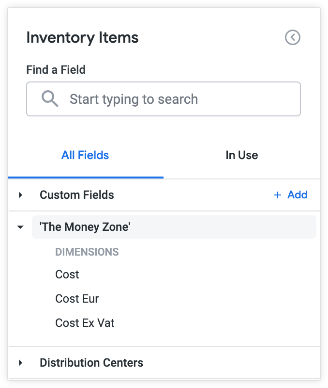 Selector de campos Inventory Items Explore que muestra Cost, Cost Eur y Cost Ex IVA organizados bajo la etiqueta de vista "La zona del dinero"