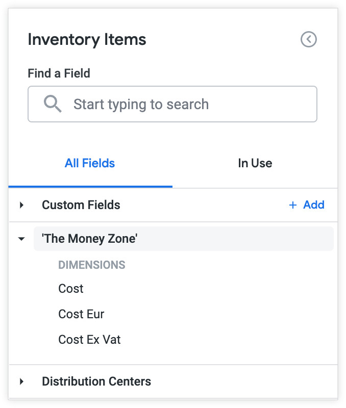 “Inventory Items Explore”（商品目录探索）字段选择器，其中显示了“Cost”（费用）、“Cost Eur”（费用，欧元）和“Cost Ex Vat”（费用，不含增值税），这些字段均在视图标签“The Money Zone”（创收区）下进行整理。