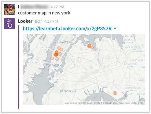 Resposta do Slackbot de uma visualização de dados com um mapa de Nova Iorque com pontos de diferentes tamanhos que representam o número de utilizadores numa determinada área.