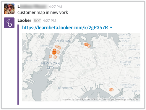 Resposta do Slackbot de uma visualização de dados mostrando um mapa de Nova York com pontos de diferentes tamanhos representando o número de usuários em uma determinada área.