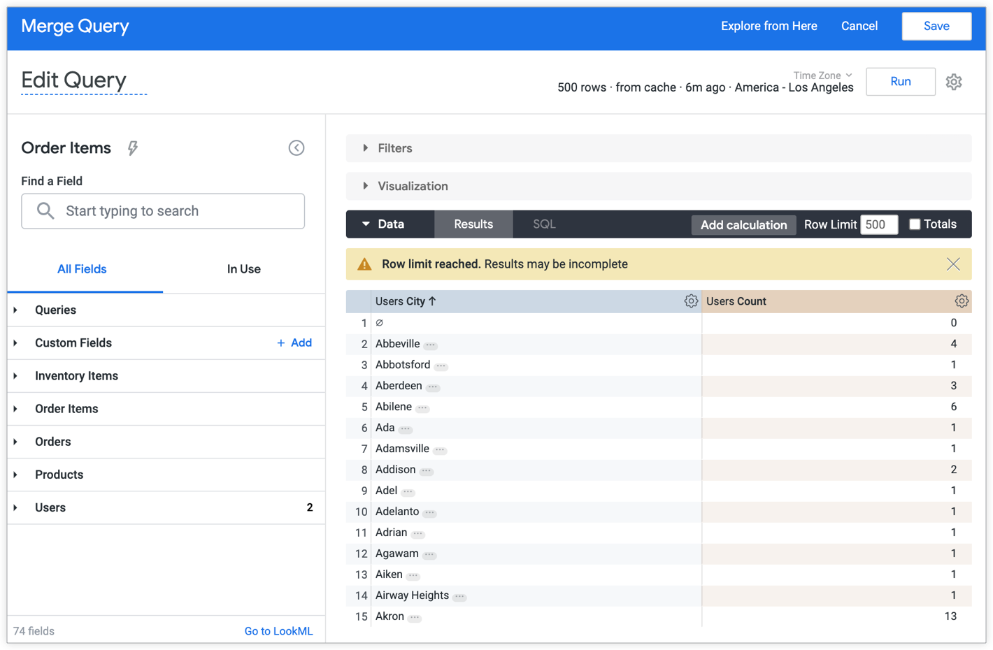 Explora la tabla de datos de resultados combinados que muestra los resultados de la consulta principal.