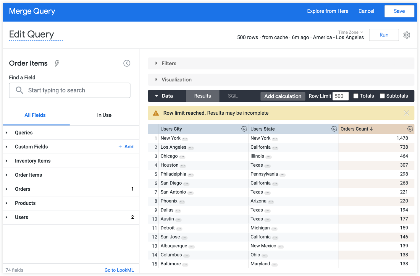 Jelajahi tabel data hasil gabungan yang menampilkan hasil kueri sekunder.