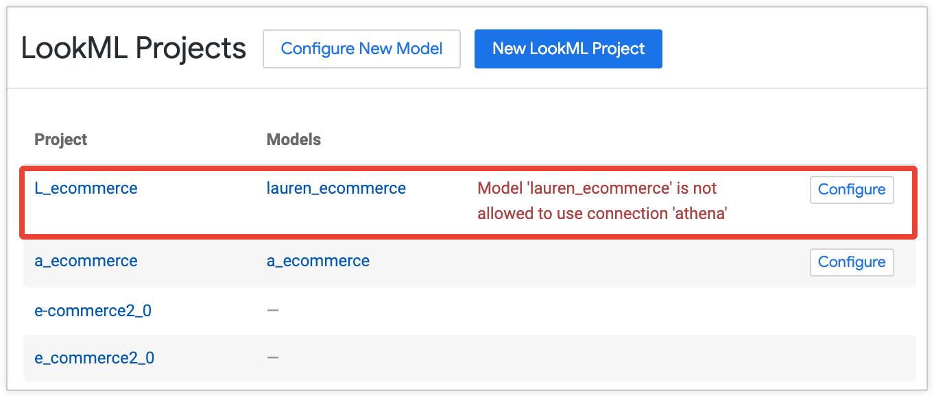 lauren_ecommerce 모델이 강조표시된 프로젝트 관리 페이지