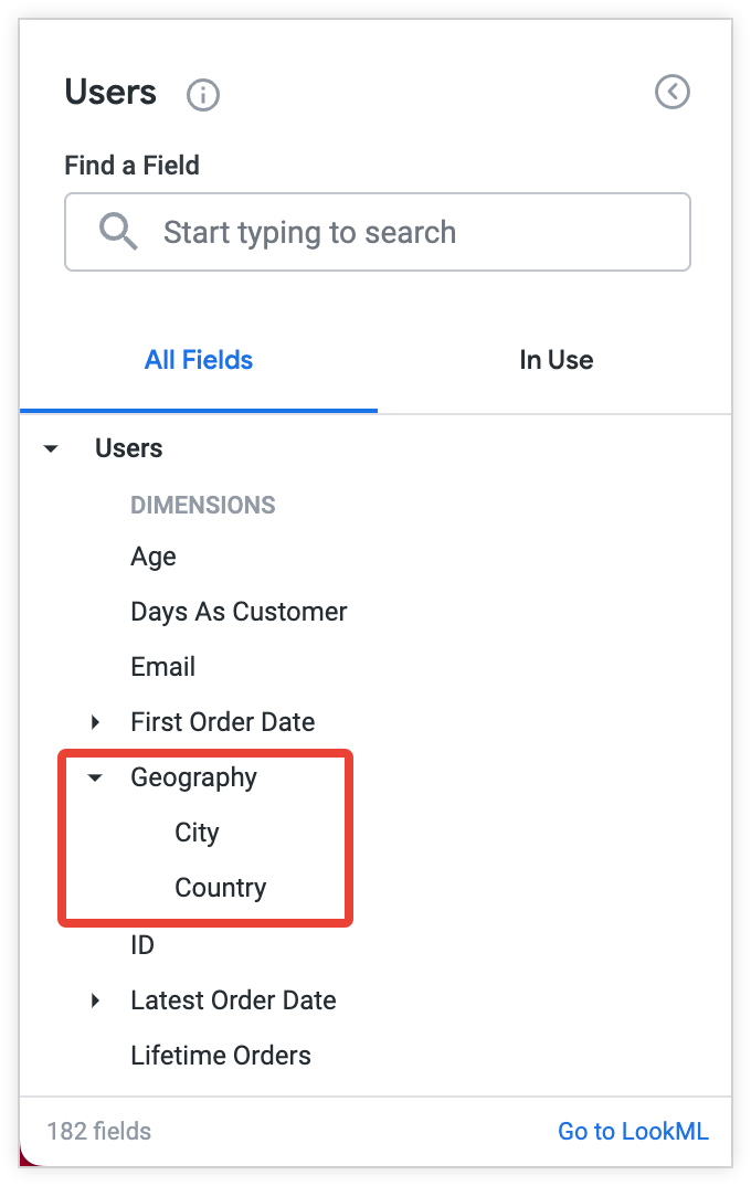 Die Dimensionen „Stadt“ und „Land“ sind im Field Picker unter dem Label Geografie (Geografie) gruppiert.