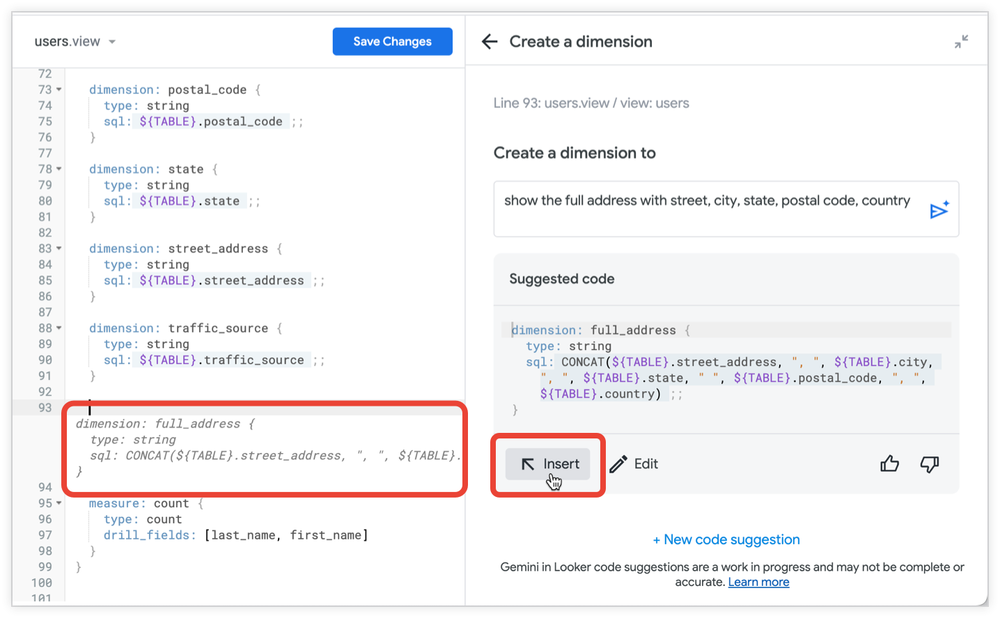 Gemini muestra una vista previa de la posición del código cuando se coloca el cursor sobre el botón Insertar.