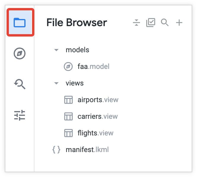 Looker IDE，檔案瀏覽器顯示範例專案中的資料夾。