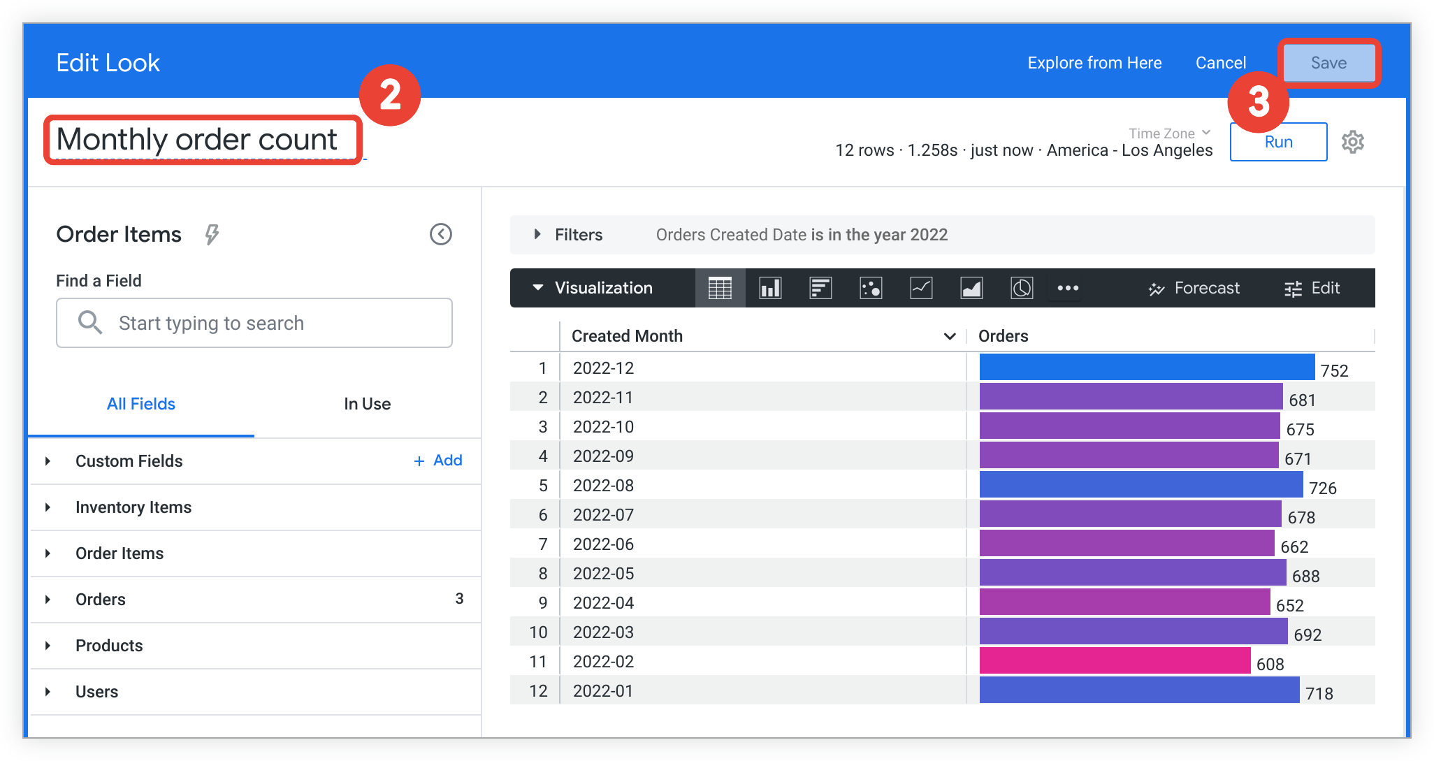 The Look title Order count by month is changed to Monthly order count on the Edit Look menu.