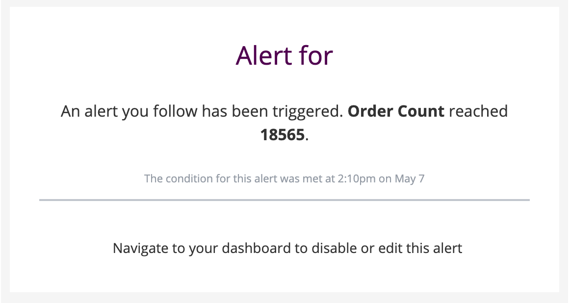An alert notification email. There is a link that reads 'Navigate to your dashboard to disable or edit this alert'.
