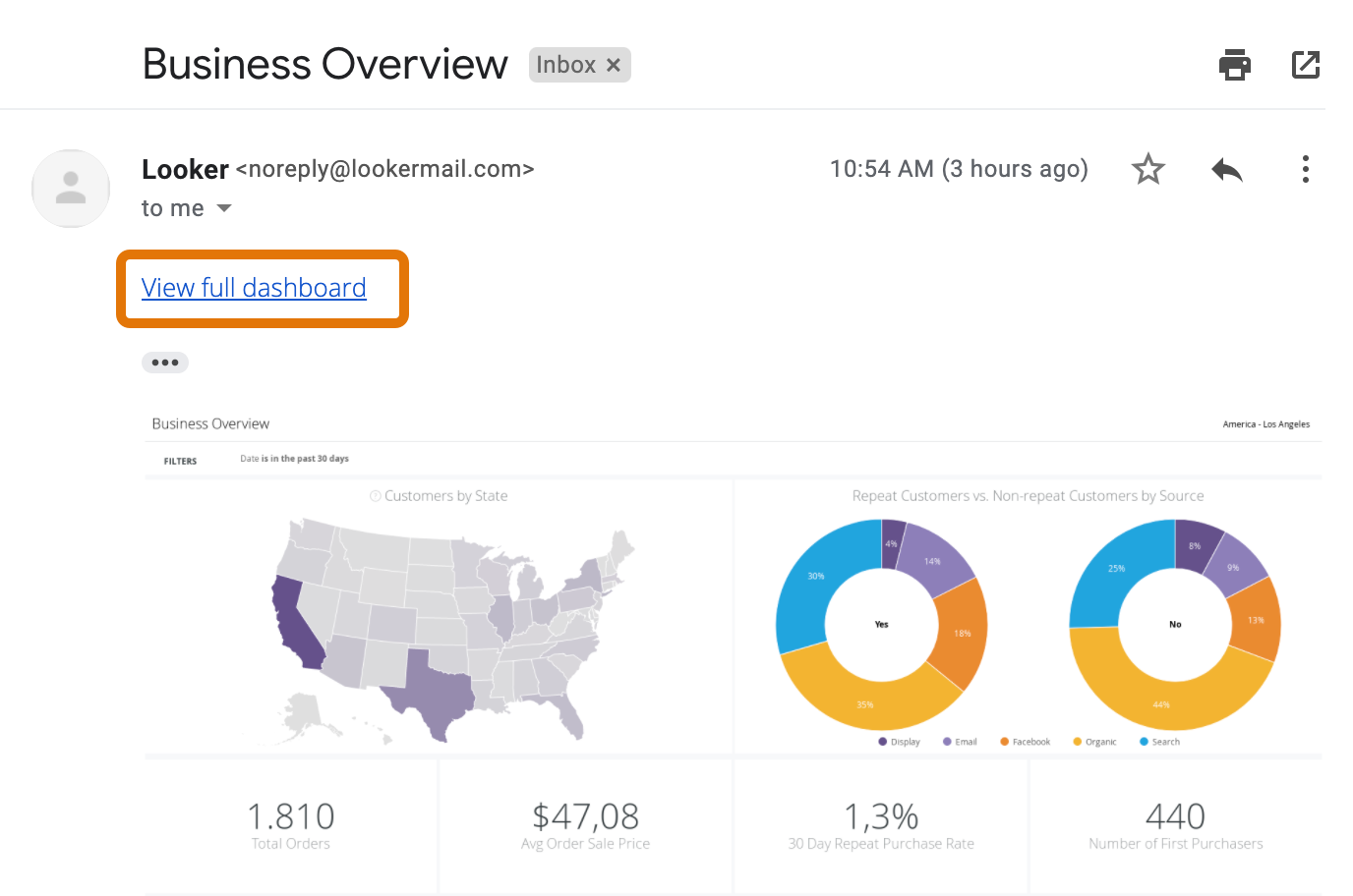 Screenshot einer von Looker generierten E-Mail, die ein Dashboard enthält. Am Anfang der E-Mail ist der hervorgehobene Link „Gesamtes Dashboard ansehen“ markiert.