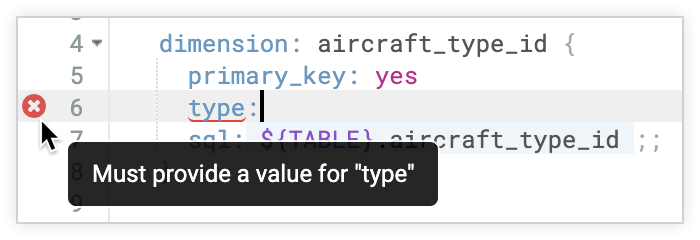 Esempio di un errore visualizzato al passaggio del mouse per una definizione del parametro type senza valore, con il testo dell&#39;errore che indica che devi fornire un valore per il tipo.