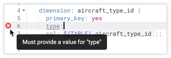 Beispiel für einen Fehler, der angezeigt wird, wenn der Mauszeiger auf eine Typparameterdefinition ohne Wert bewegt wird. Der Fehlertext enthält einen Fehlertext, der angibt, dass Sie einen Wert für den Typ angeben müssen.