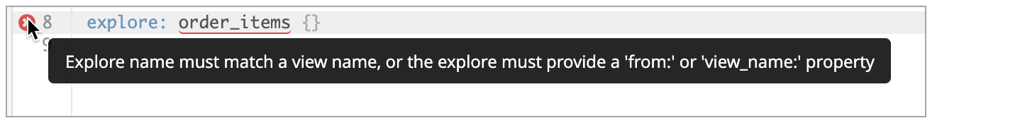 Explore がビュー名と一致する必要がある、または Explore が from または view_name プロパティを持つ必要があるというテキストを含む警告の例。