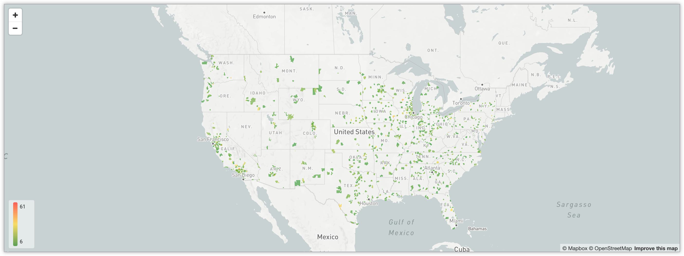 Interactive map showing the amount of users across zip codes in the United States through a gradient color-coding system.