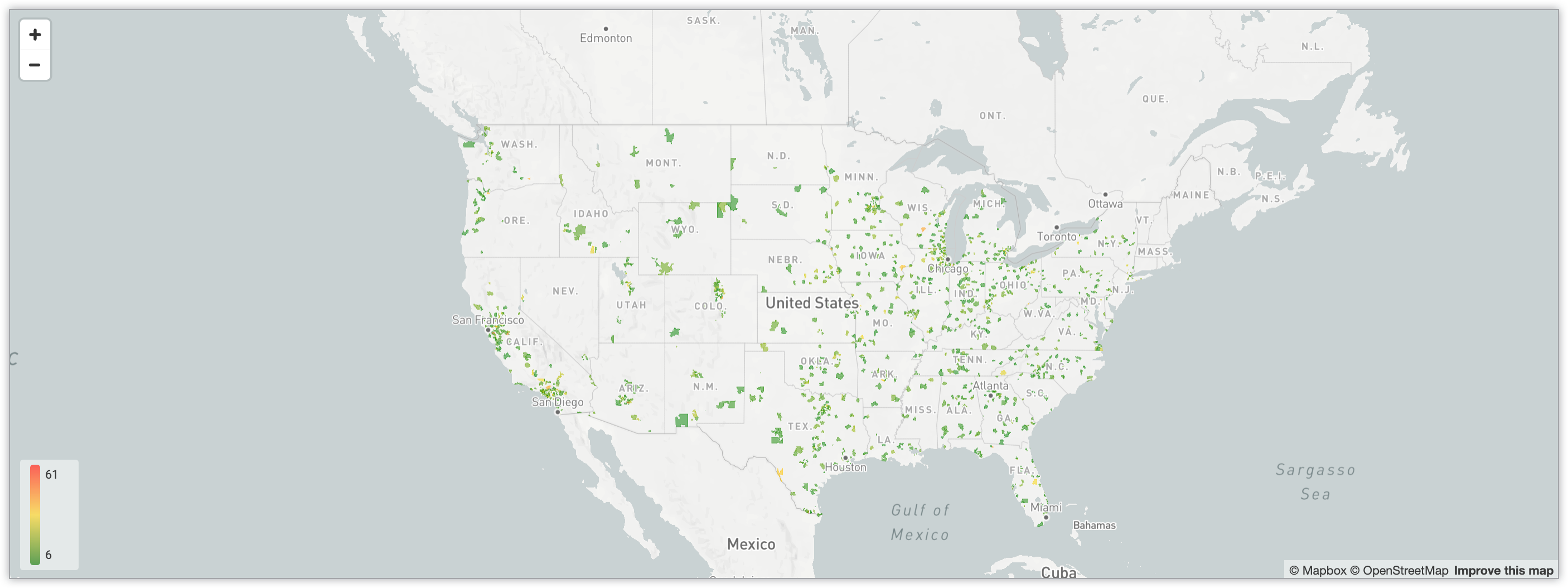 Mapa interactivo que muestra la cantidad de usuarios de códigos postales de los Estados Unidos mediante un sistema de codificación de colores con gradientes.