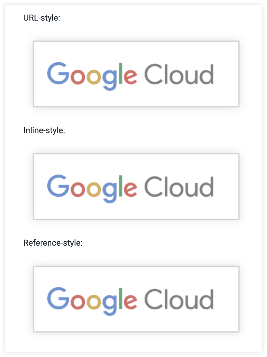 Kartu teks menampilkan logo Google Cloud yang dirujuk dengan tiga cara.