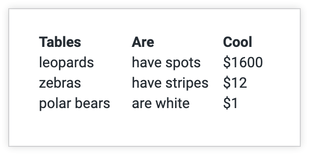 Carte de texte affichant une table Markdown.