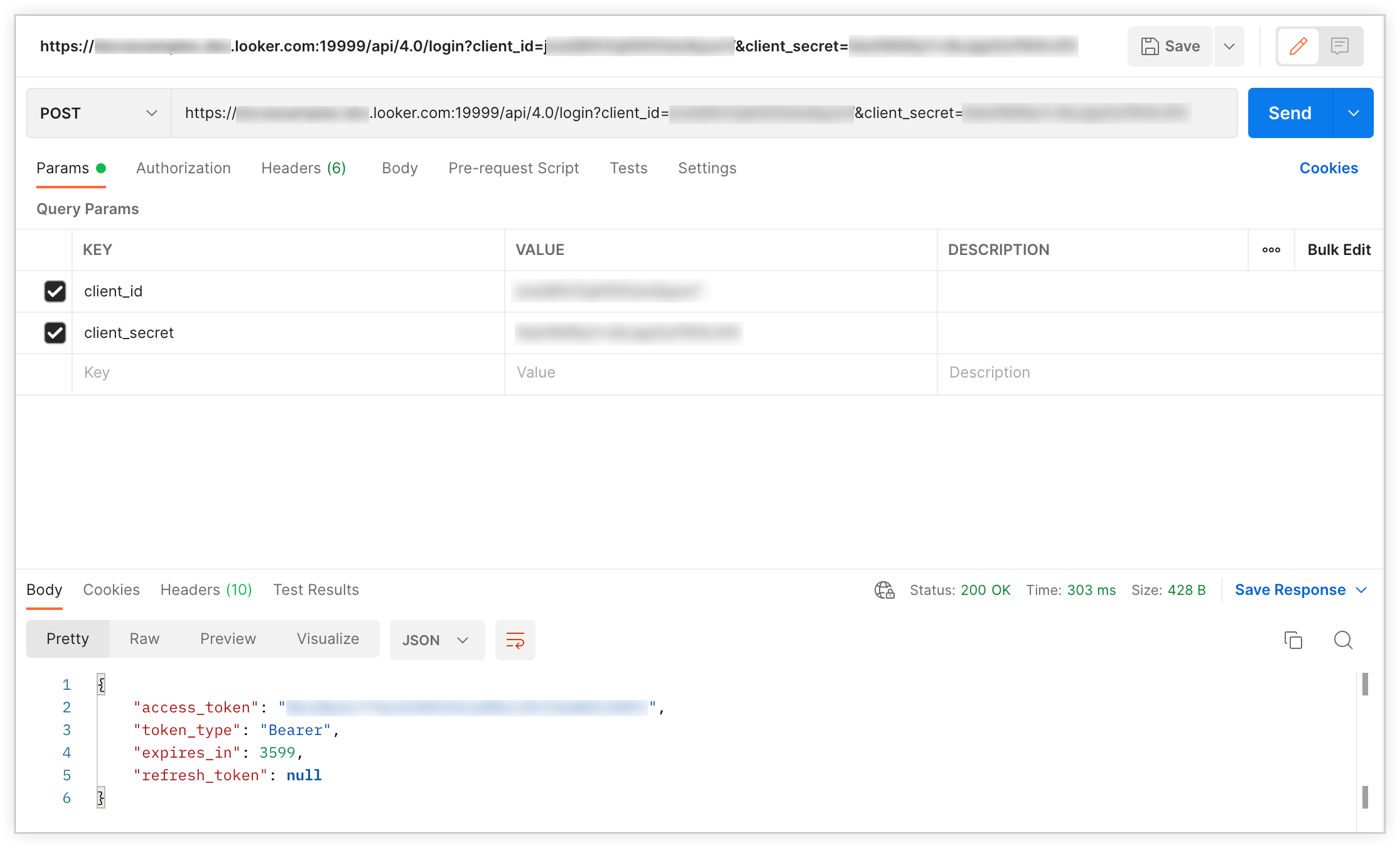 A GUI do Postman, preenchida com um URL POST do Looker, o segredo do cliente e o ID de cliente.