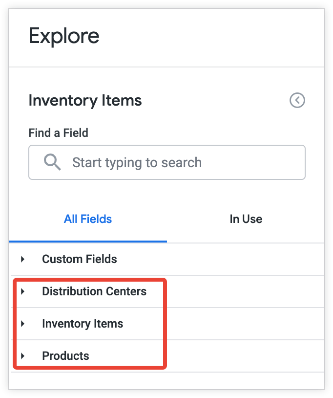 As visualizações &quot;Distribution centers&quot;, &quot;Inventory items&quot; e &quot;Products&quot; podem ser acessadas no seletor de campos da Análise de itens de inventário.