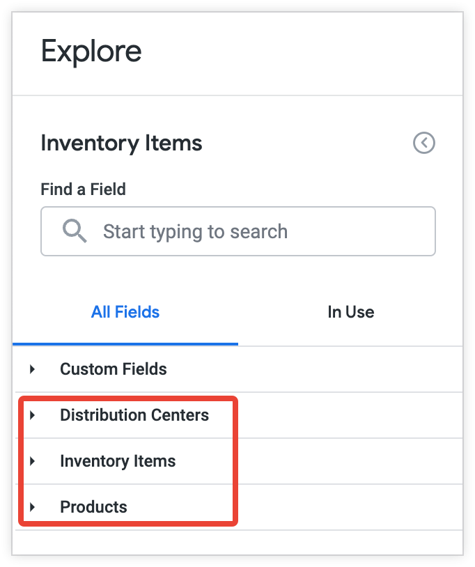Die Ansichten „Distribution Center“ (Vertriebszentren), Inventory Items (Inventarelemente) und „Products“ (Produkte) können über die Feldauswahl für das Explore „Inventory Items Explore“ (Inventarelemente) aufgerufen werden.