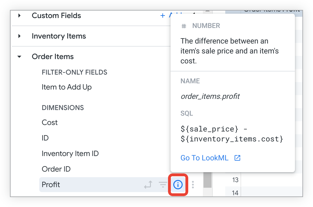 The info icon pop-up for the Profit dimension displays the LookML-defined SQL definition and Go to LookML link for a user with the see_lookml permission.
