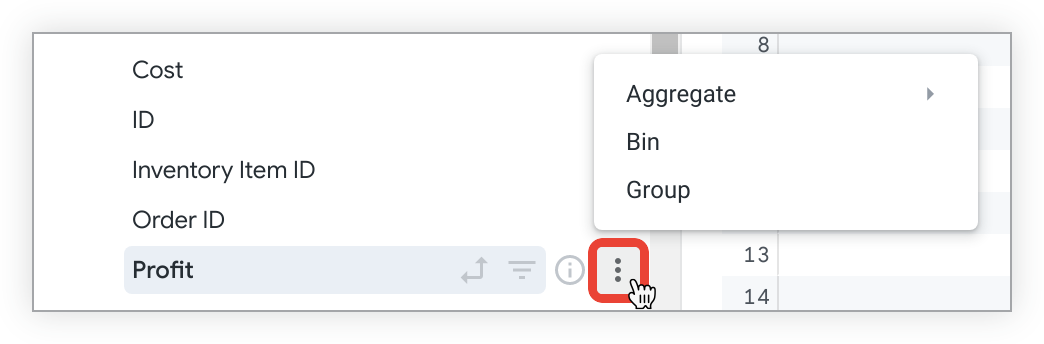 The More menu for the Profit dimension includes the options Aggregate, Bin, and Group.