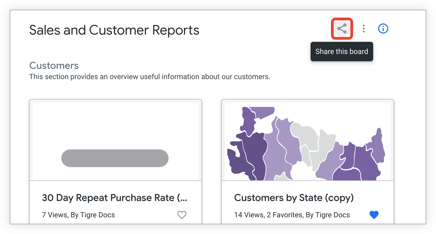 L&#39;icône Partager ce tableau se trouve à gauche du menu d&#39;options du tableau et de l&#39;icône Informations sur le tableau.