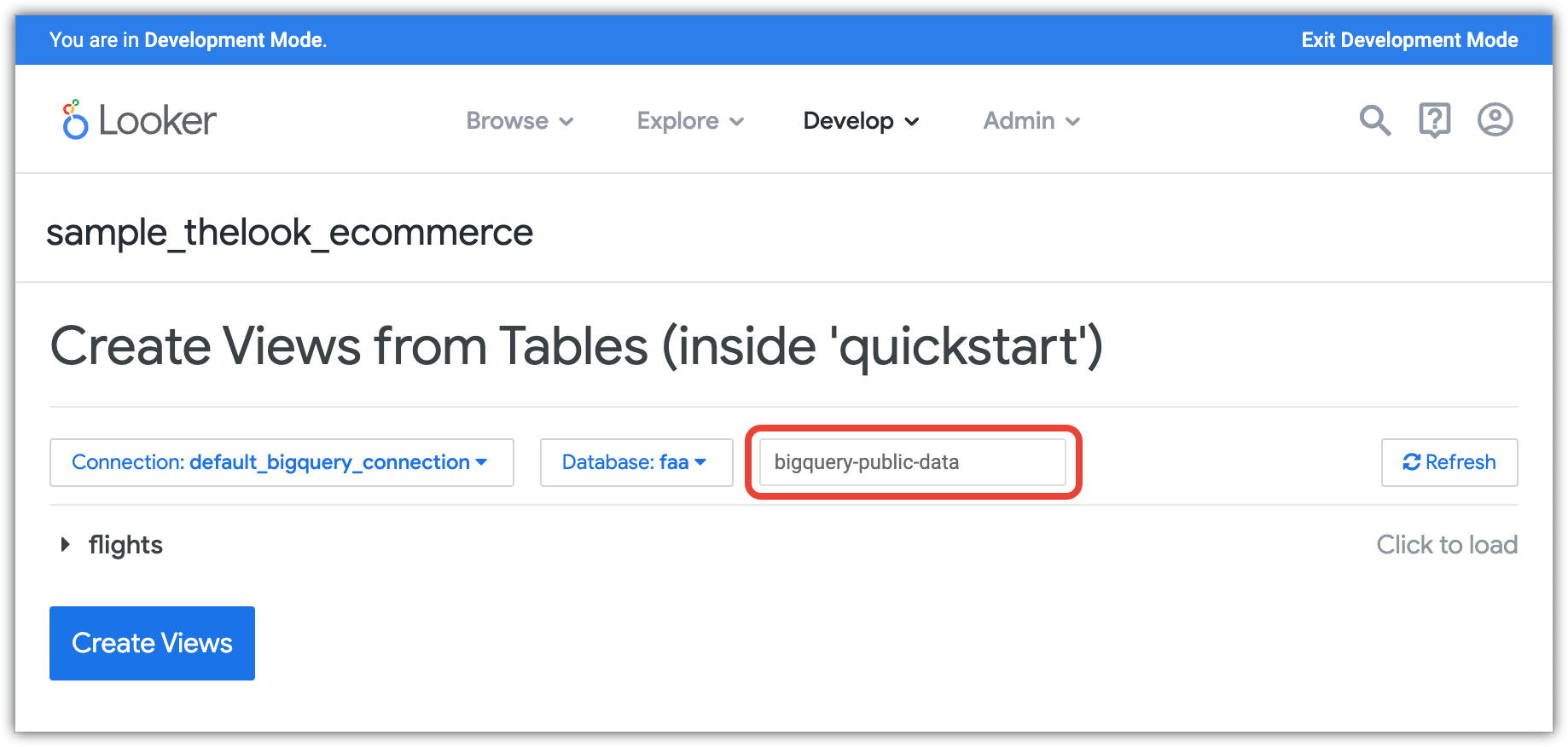 Caixa de diálogo &quot;Create Views from Tables&quot;.