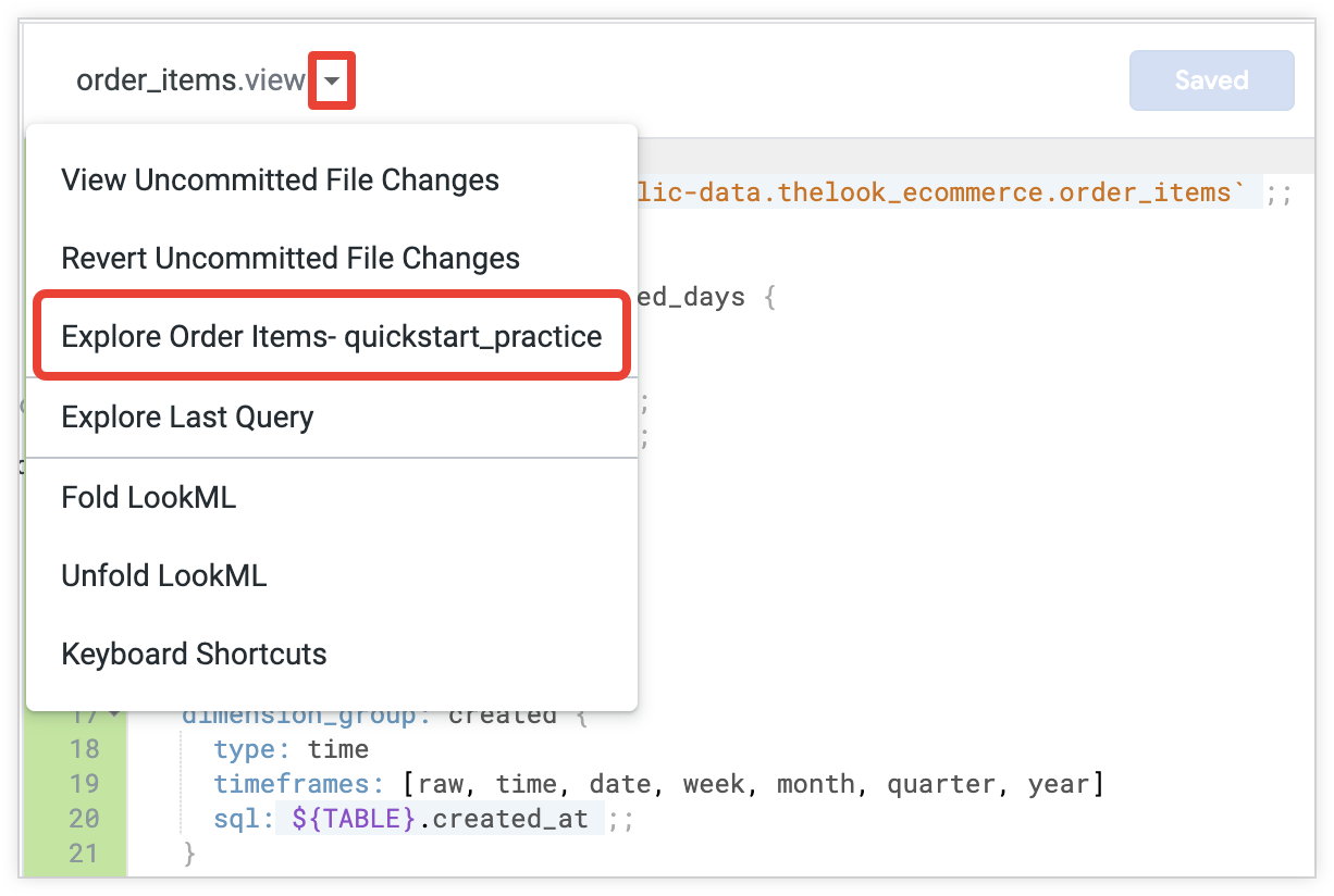 Menu &quot;Afficher les actions sur le fichier&quot;, avec l&#39;option &quot;Explorer les articles de commande - quickstart_practice&quot; sélectionnée.