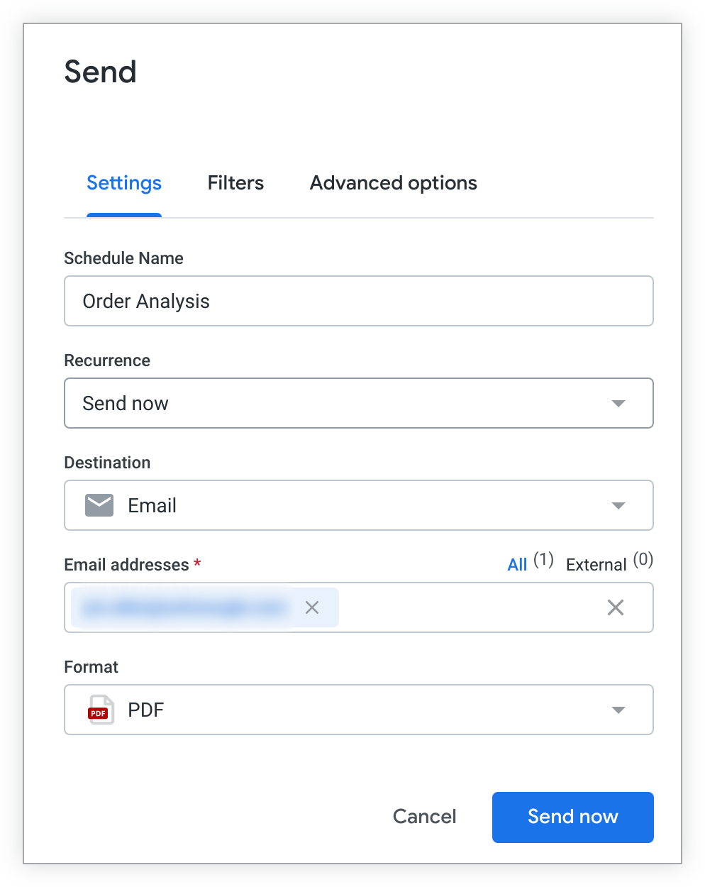 La ventana Programar y enviar muestra opciones para personalizar el nombre, la recurrencia, el destino y el formato de la publicación de un panel.