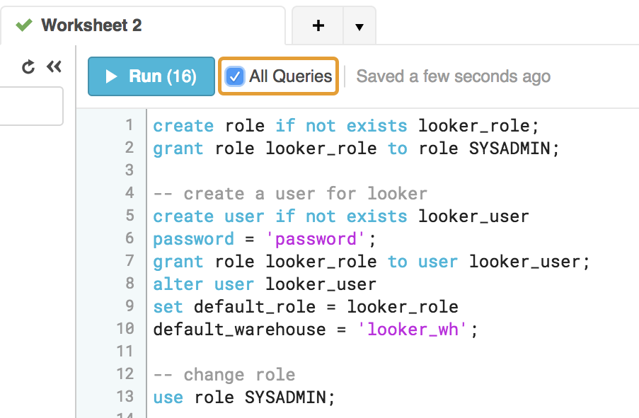 La console Snowflake con la casella di controllo Tutte le query selezionata.