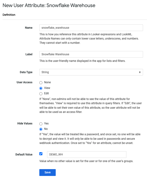 Snowflake ウェアハウスのユーザー属性が表示されている Looker の [ユーザー属性] ページ。